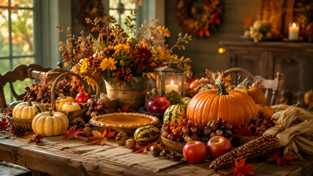 Herbstliche Erntedekoration auf rustikalem Holztisch