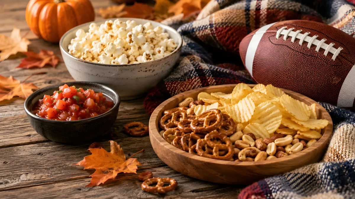 Herbstliche Football-Party mit Snacks und Knabbereien