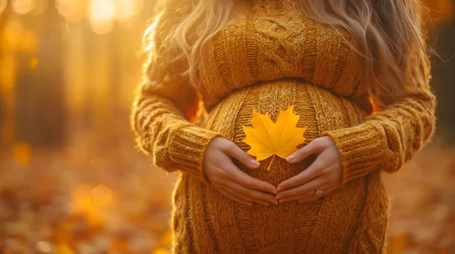 Herbstliche Frau mit Ahornblatt in den Händen