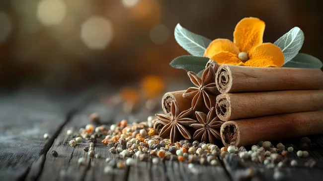 Herbstliche Gewürze und Blüten auf rustikalem Holz