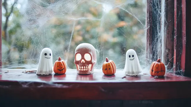 Herbstliche Halloweendekoration am Fenster