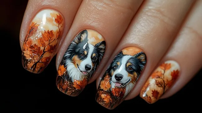 Herbstliche Hundeporträts auf Fingernägeln