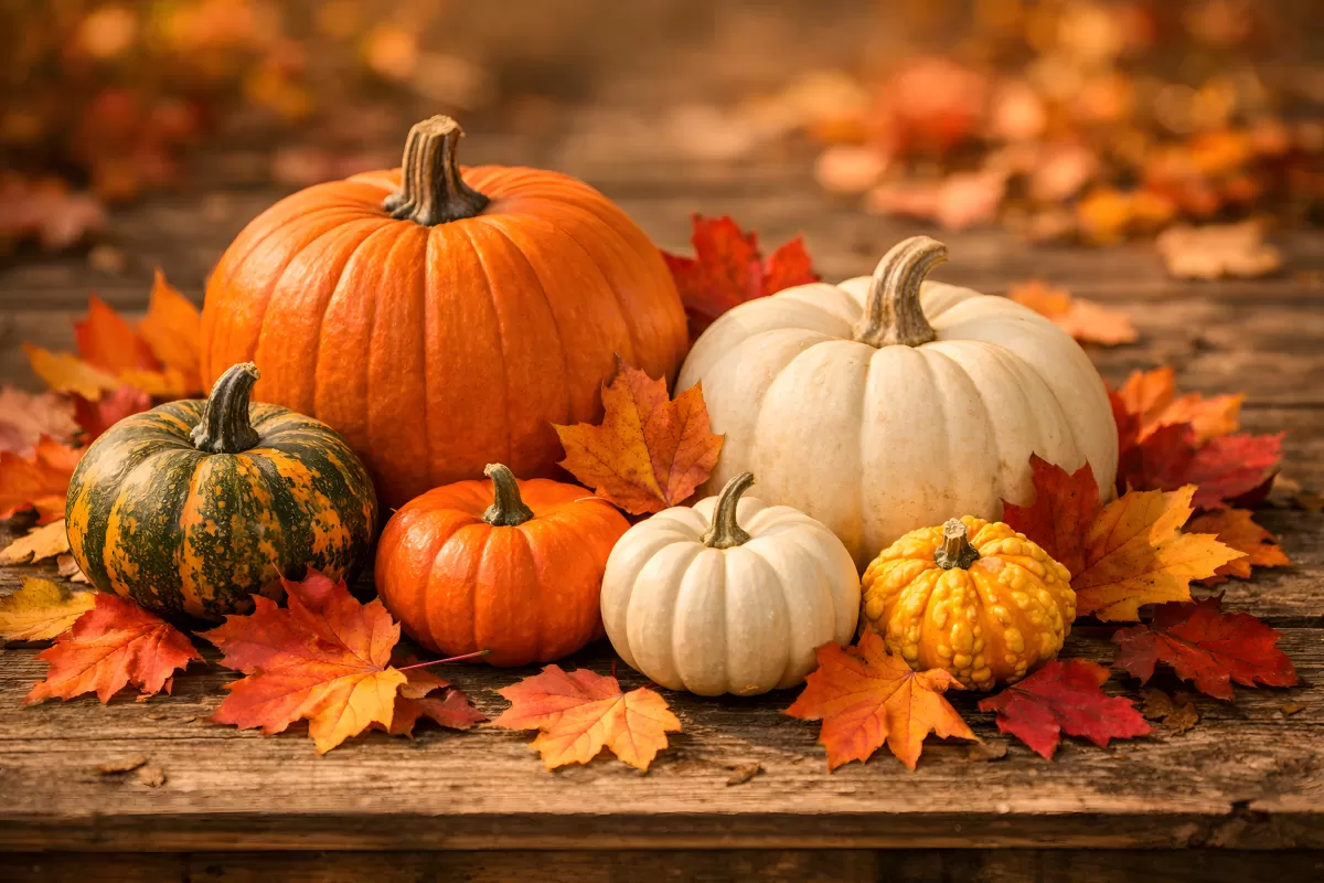 Herbstliche Kürbis-Dekoration auf Holztisch