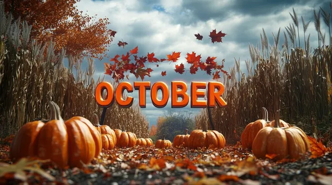 Herbstliche Kürbisse und bunte Blätter im Oktober