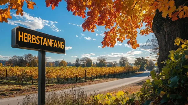 Herbstliche Landschaft mit leuchtenden Farben und Herbstanfang-Schild
