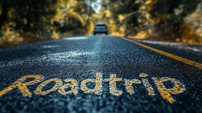 Herbstliche Landstraße mit Roadtrip-Schriftzug