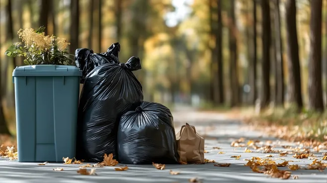 Herbstliche Müllsäcke am Waldrand