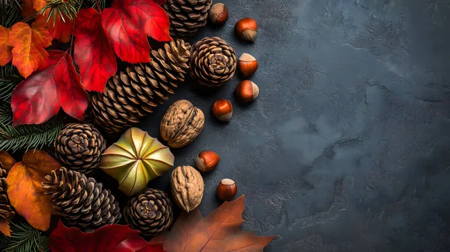 Herbstliche Naturkulisse mit Zapfen, Nüssen und Blättern
