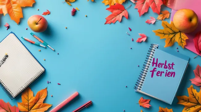 Herbstliche Schreibtischszene mit Blättern und Schulmaterialien