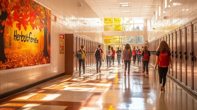 Herbstliche Schulkorridor-Szene mit Bannern und buntem Laub