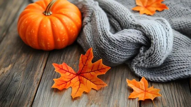 Herbstliche Stillleben mit Kürbis, Schal und Blättern