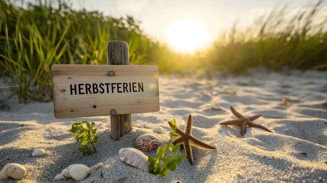 Herbstliche Strandszene mit Wegweiserschild