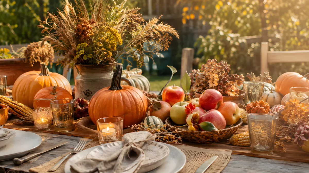 Herbstliche Tischdekoration mit Kürbissen und Äpfeln