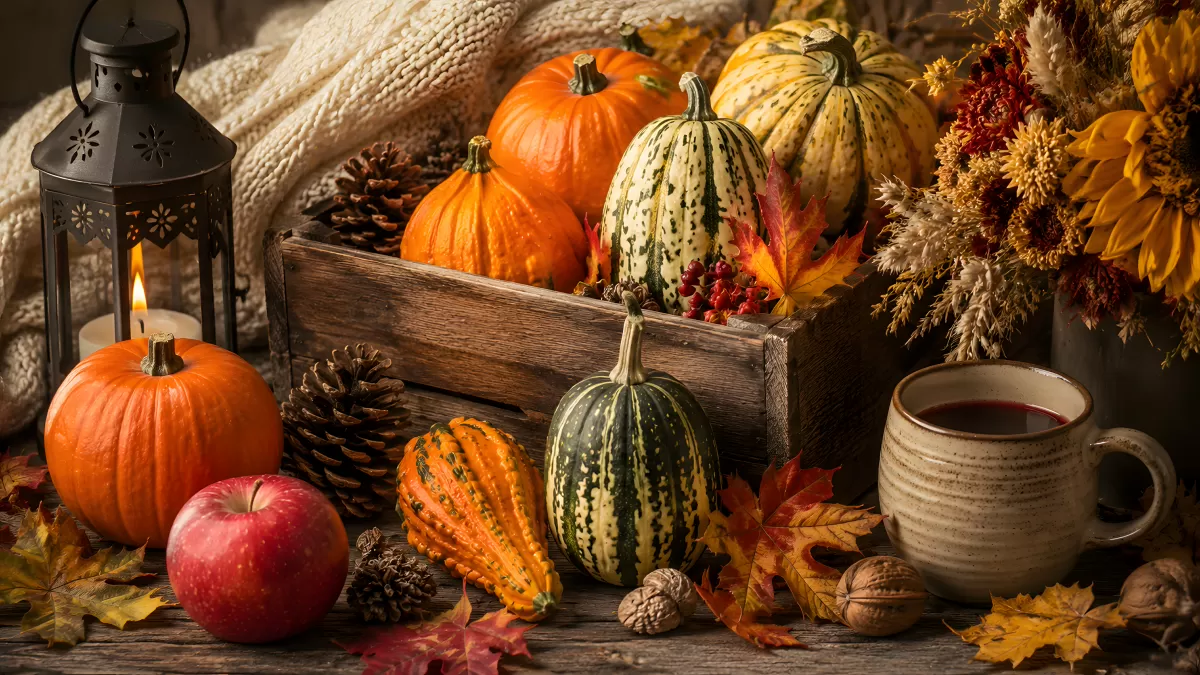 Herbstliche Tischdekoration mit Kürbissen und Laternen