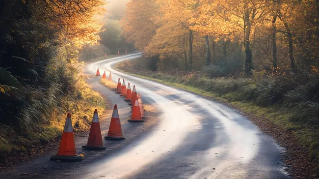 Herbstliche Waldstraße mit Leitkegeln im goldenen Licht