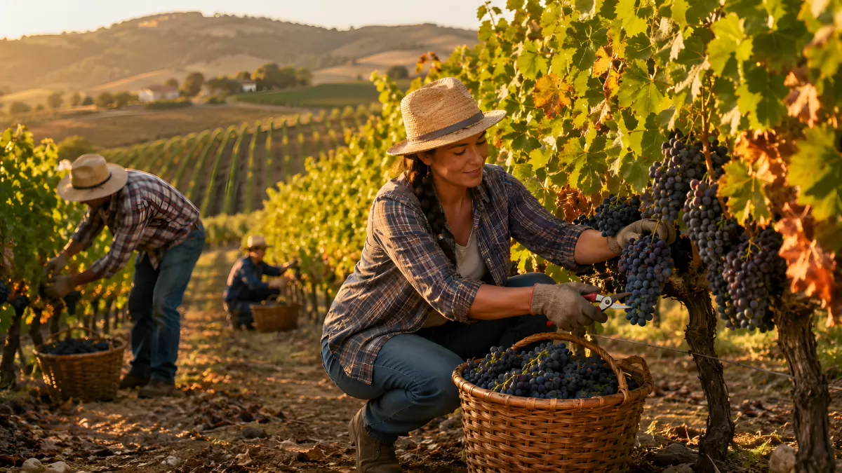 Herbstliche Weinlese beim goldenen Sonnenuntergang