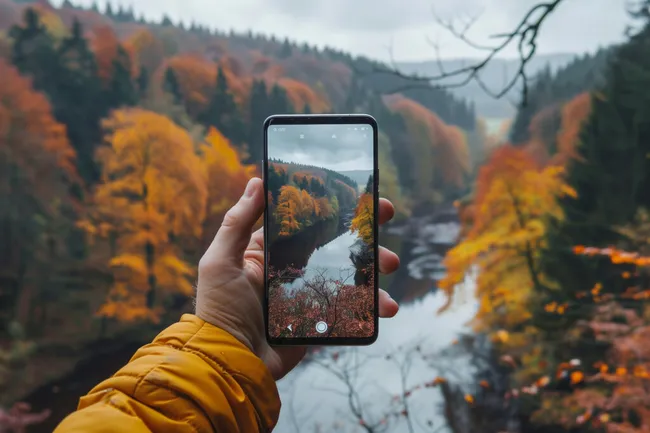 Herbstlicher Bergfluss in einer Waldlandschaft