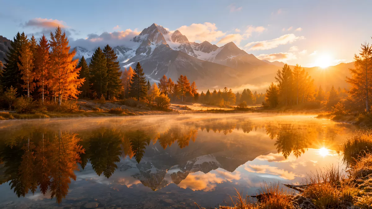 Herbstlicher Bergsee mit Spiegelung im Morgenlicht
