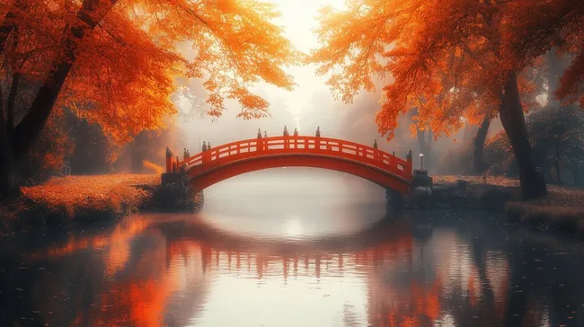 Herbstlicher Brückenbogen über ruhigen Fluss