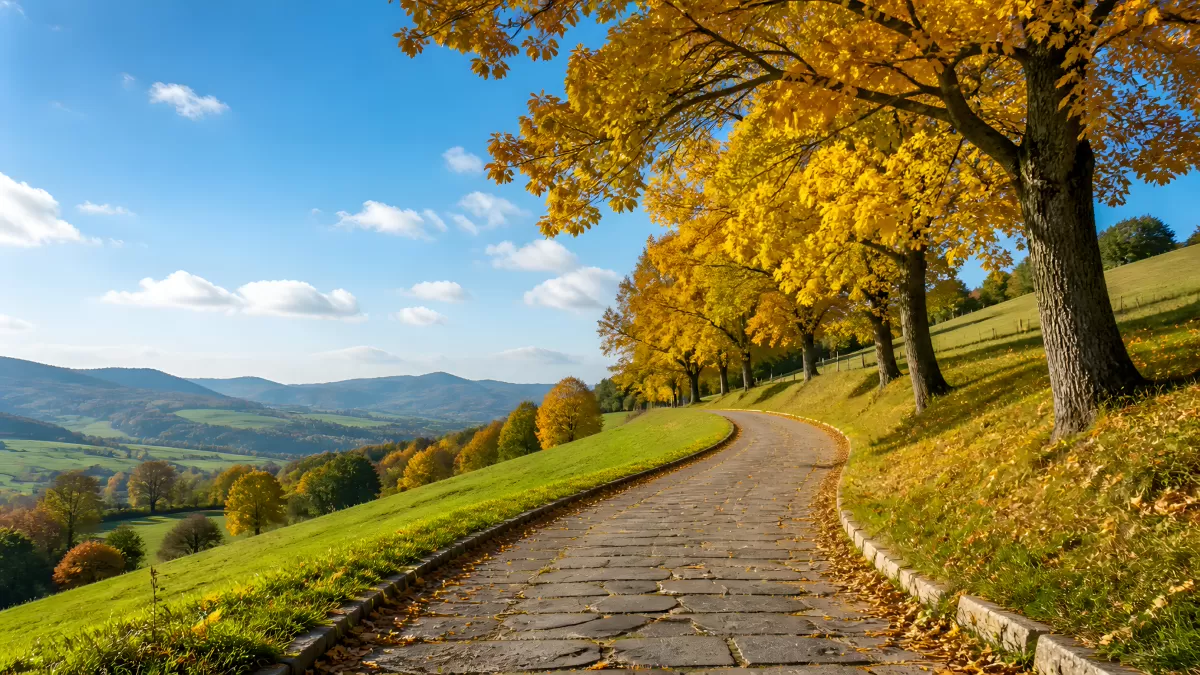 Herbstlicher Kopfsteinpflasterweg mit goldenen Bäumen