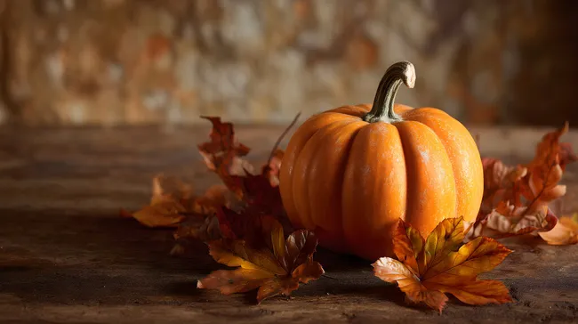 Herbstlicher Kürbis mit Laubblättern auf rustikaler Holzoberfläche