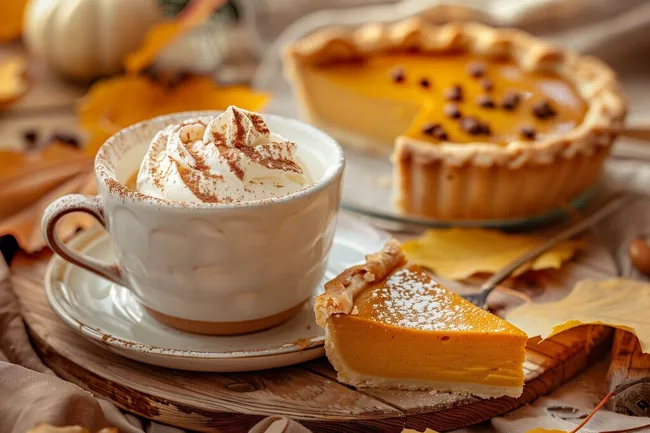 Herbstlicher Kürbiskuchen und Kaffee mit Sahne