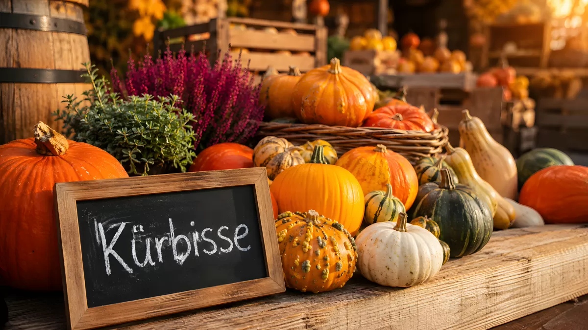 Herbstlicher Kürbisstand mit bunten Sorten auf Holztisch — Bild kostenlos herunterladen