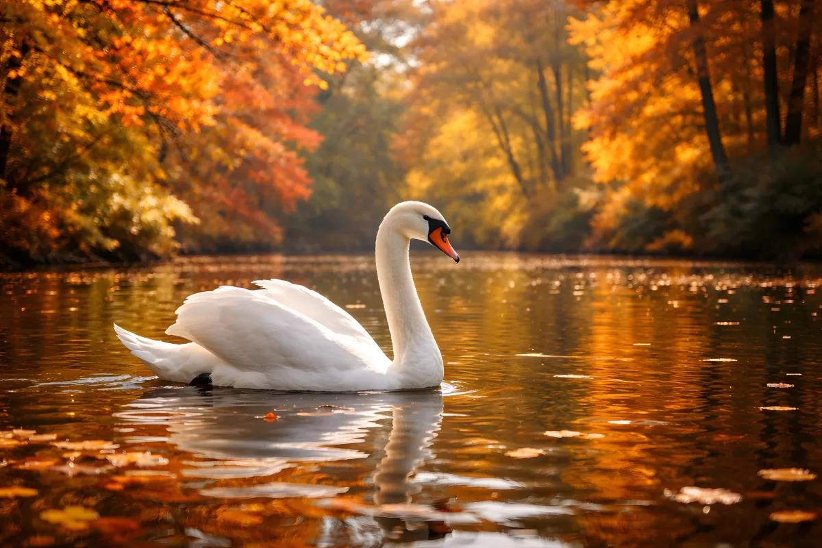 Herbstlicher Schwan auf goldenem Wasser