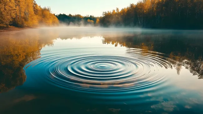 Herbstlicher Seespiegel mit Wellenkreisen im Morgennebel