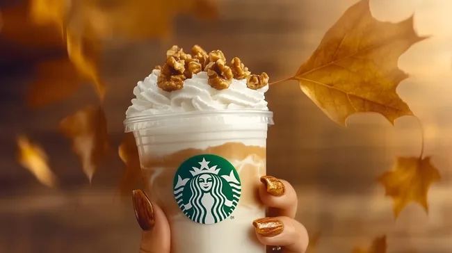 Herbstlicher Starbucks-Latte mit Sahne und Nüssen