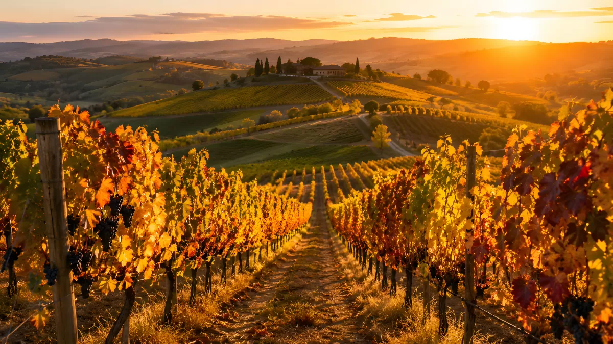 Herbstlicher Weinberg bei Sonnenuntergang in der Toskana