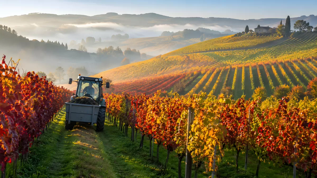 Herbstlicher Weinberg mit Traktor bei Morgennebel