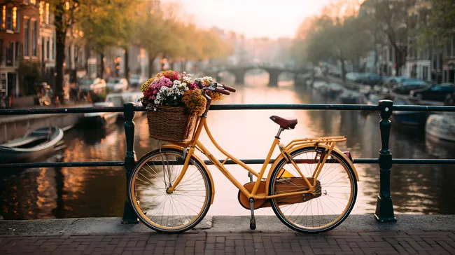 Herbstliches Fahrrad mit Blumenkorb in Amsterdam