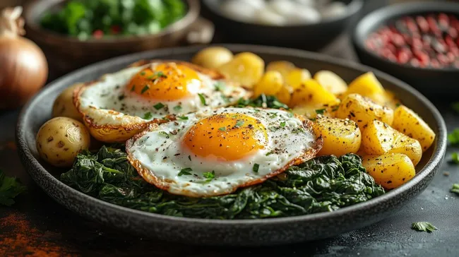 Herbstliches Frühstücks-Bowl mit Spiegelei, Spinat und Kartoffeln