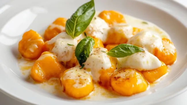 Herbstliches Gericht mit Kürbis-Gnocchi und Basilikum