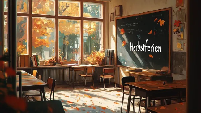 Herbstliches Klassenzimmer mit Blättern und Tafel