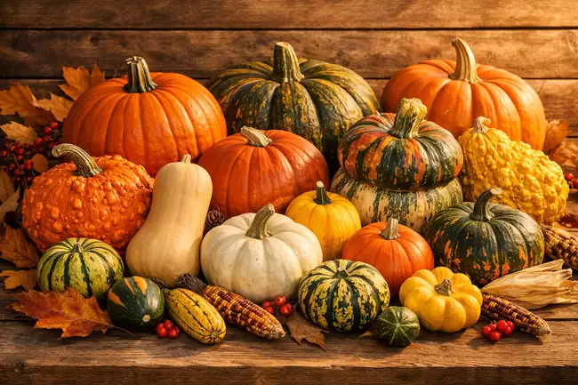 Herbstliches Kürbisdekoration auf Holzuntergrund