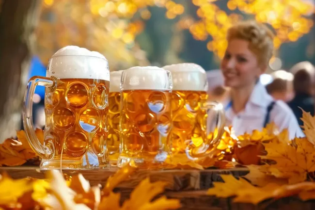 Herbstliches Oktoberfest mit Bierkrügen und Blättern