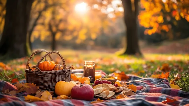 Herbstliches Picknick mit Kürbissen und Brot im Park