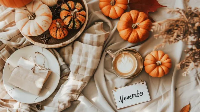 Herbstliches Stillleben mit Kürbissen und Kaffee im November