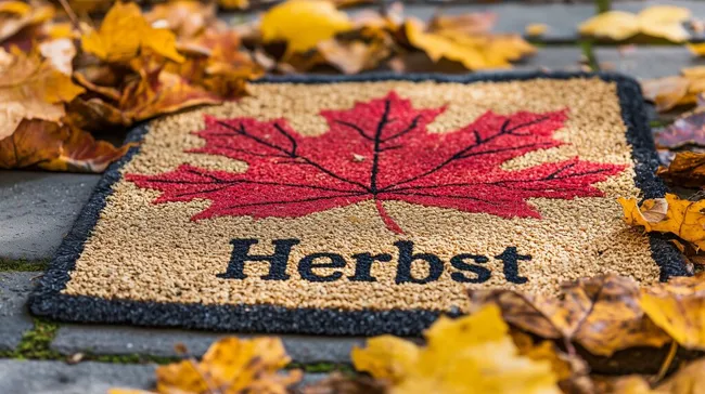 Herbstmotiv mit rotem Ahornblatt auf Fußmatte