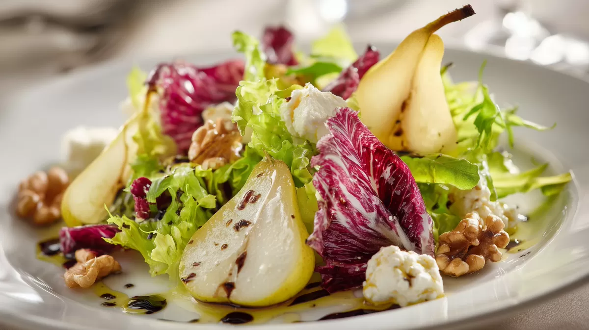 Herbstsalat mit Birnen und Ricotta auf weißem Teller