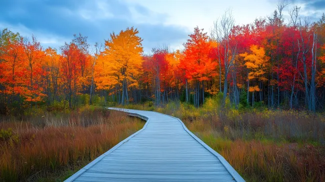 Herbstspaziergang entlang des hölzernen Boardwalks