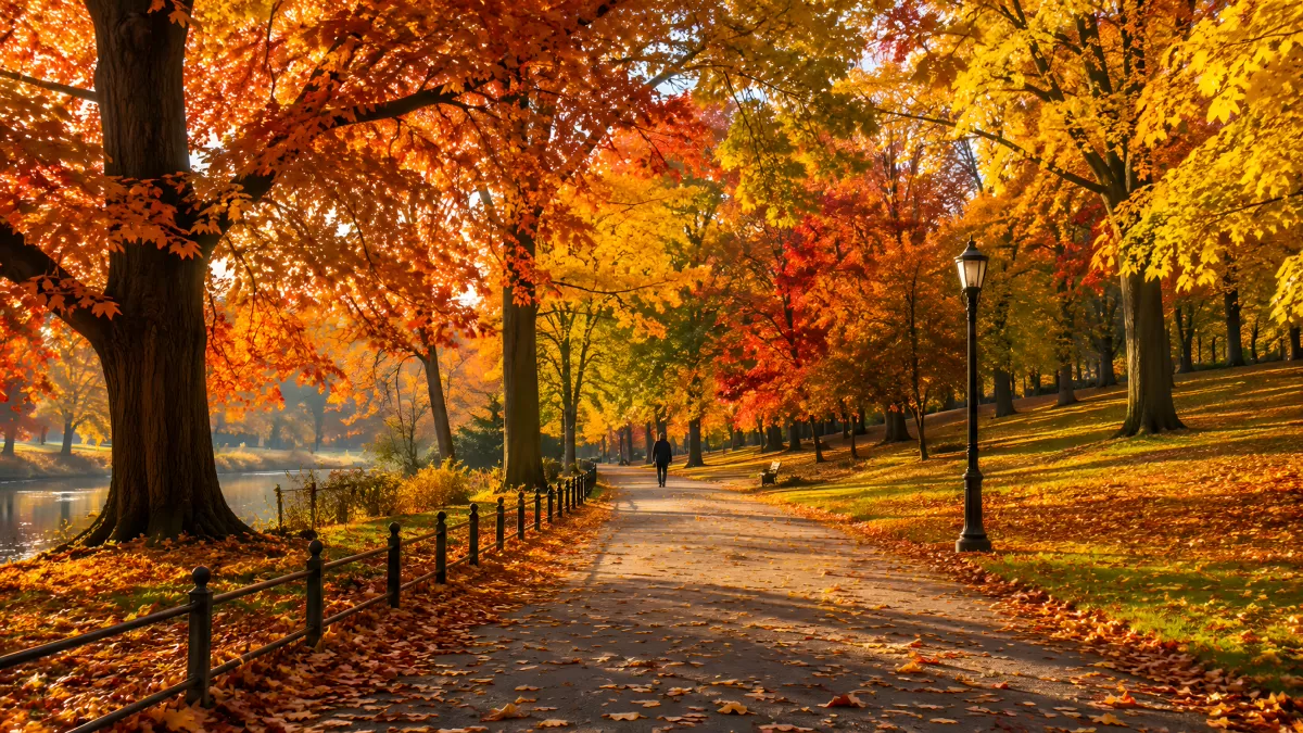 Herbstspaziergang im Park mit buntem Blätterdach