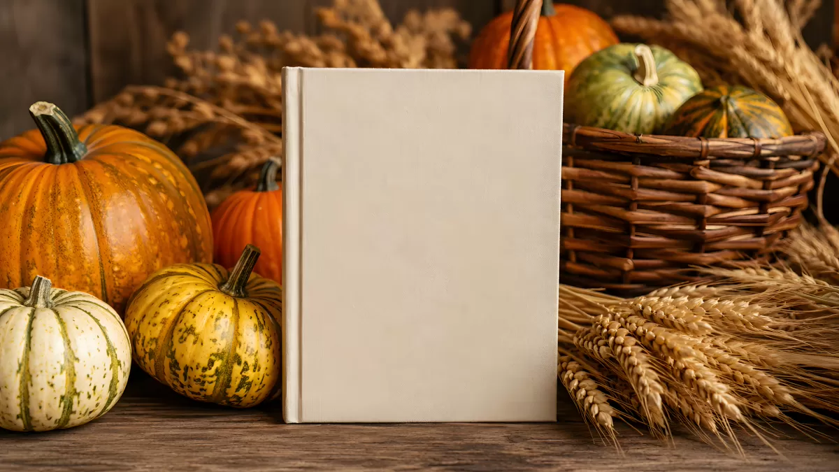 Herbststillleben mit Kürbissen, Buch und Weizenähren