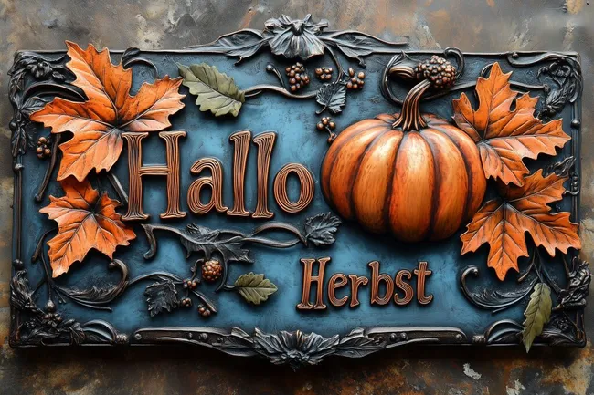 Herbststimmung in Vintage-Optik - Deko-Emblem mit Kürbis und Blättern