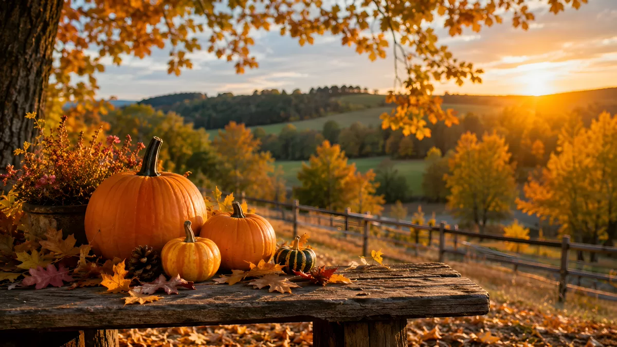 Herbststimmung mit Kürbissen auf rustikalem Holztisch