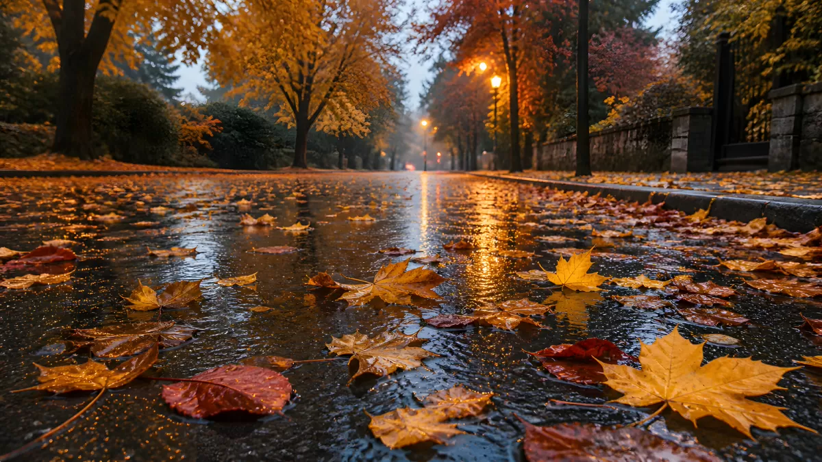 Herbststraße im Regen mit bunten Blättern