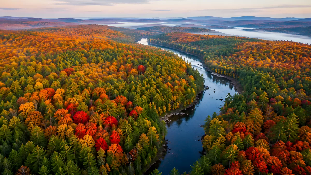 Herbstwald mit gewundenem Fluss aus der Vogelperspektive