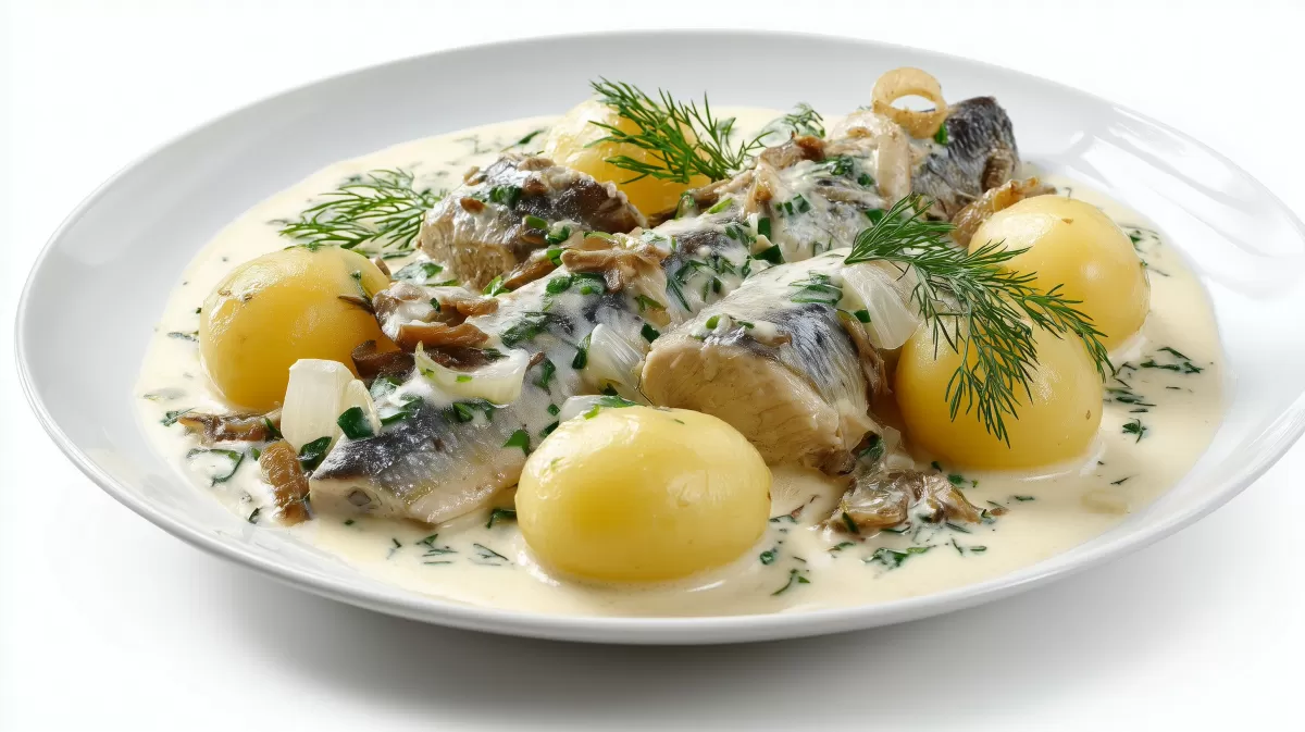 Hering in Sahnesauce mit Pellkartoffeln photorealistisch